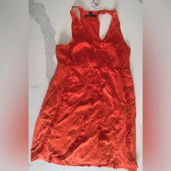 INC 100% Silk Burt Orange Flamenco Ruffled V-Neck Halter Mini Dress 10 NWT - Picture 3 of 10